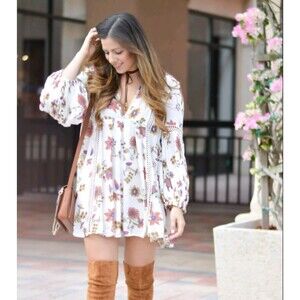 Free People Tunic Mini Dress Babydoll  Floral Long Sleeve Boho Fairy Small